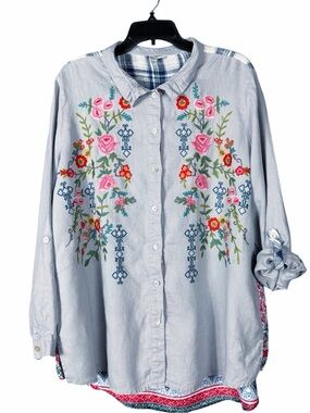 John Mark Button Up Linen Shirt Size XL Blue Gray Boho Embroidered Roll Tab